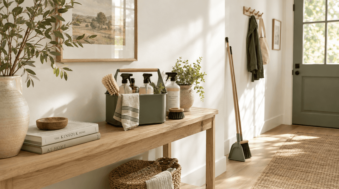 A calm, sunlit home entryway with cleaning tools arranged on a pale wood console